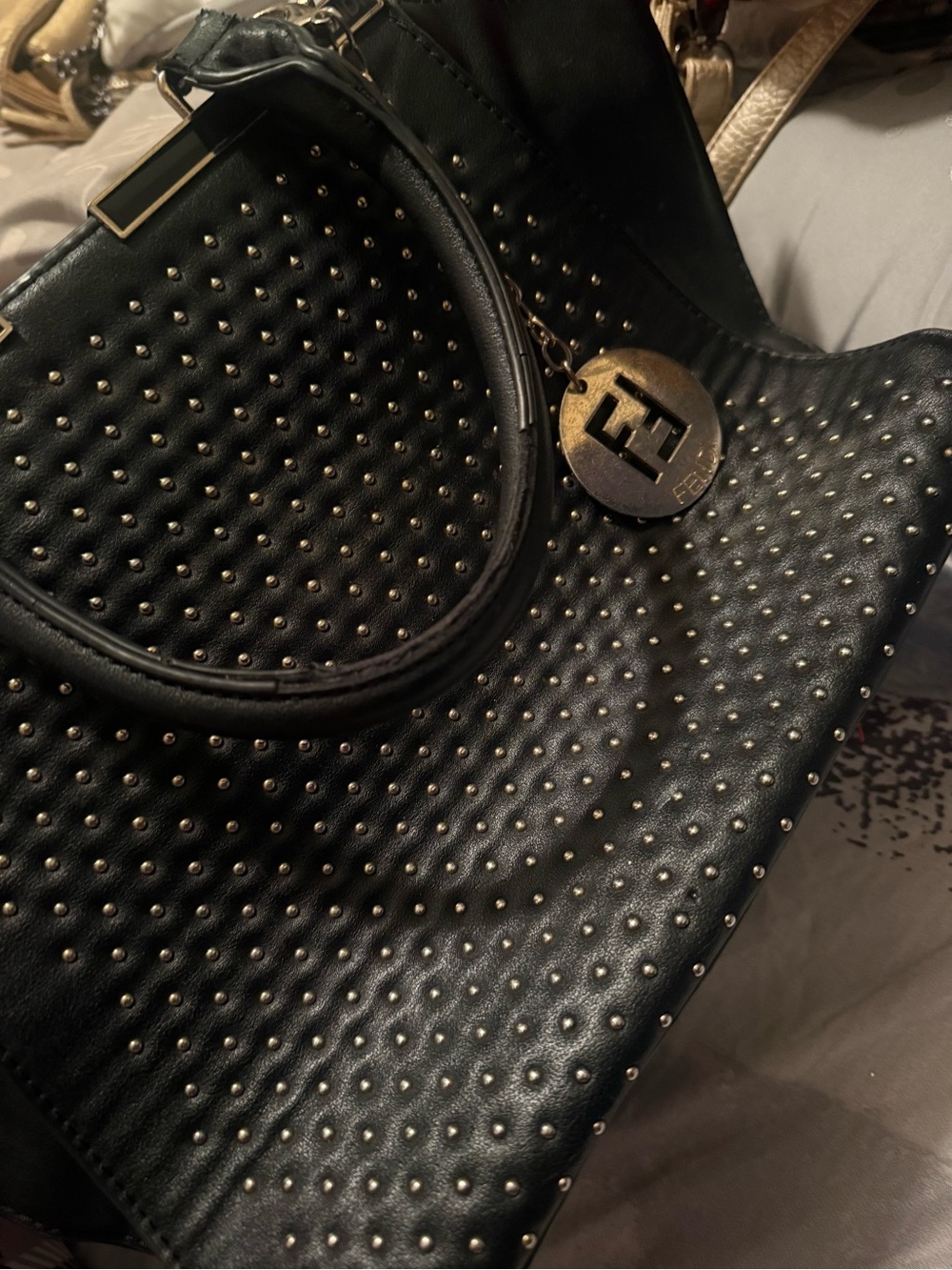 Fendi Black Leather Studded Tote with Gold Charm - Picture 9 of 11